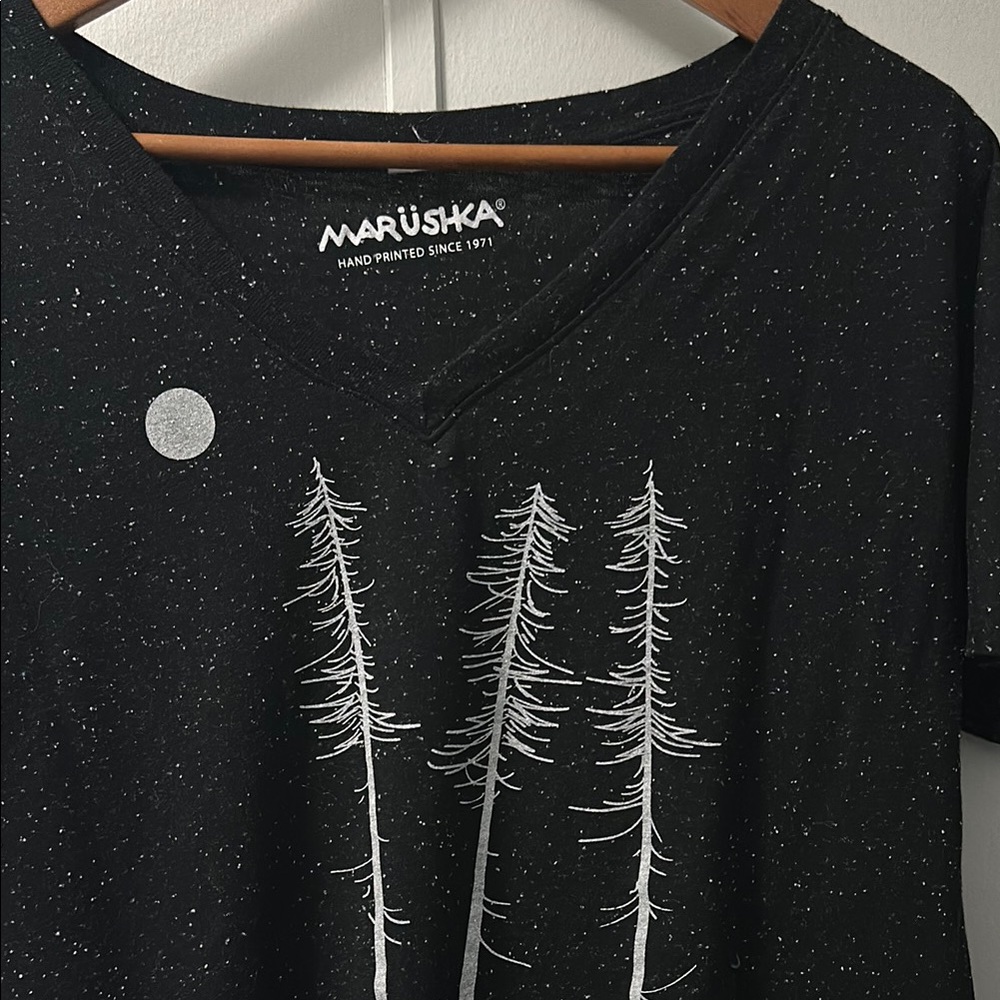 Marushka Black V-Neck Tee with Tree Design